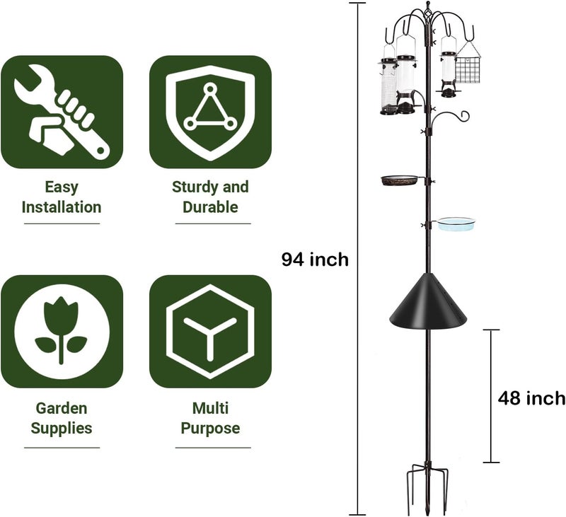 YINGYM 6-Hook Bird Feeding Station Kit Wild Bird Feeder Stand Pole, Multi-Feeder Hanging Kit Stand with Water Bowl, Mesh Tray and Squirrel Guard Baffle, 94 Inch - Image 2